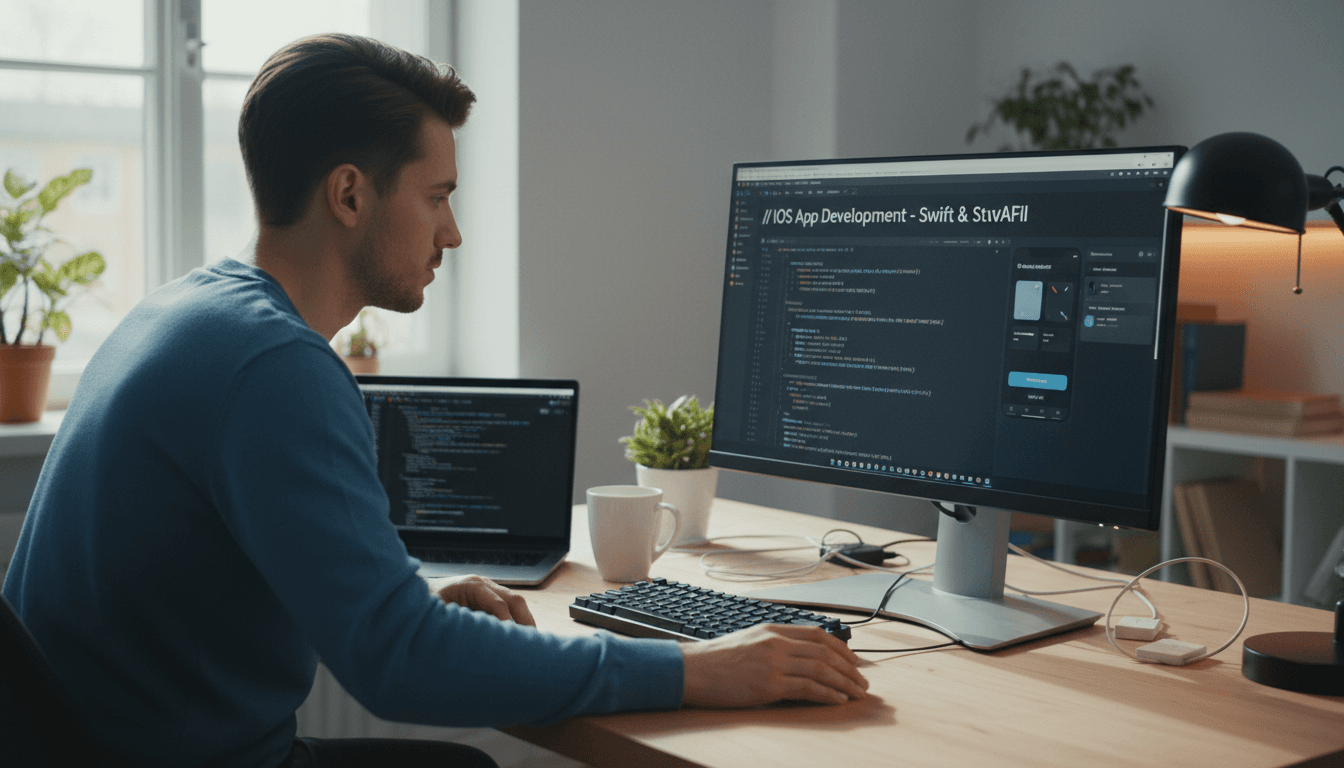 iOS developer working on app development at desk with code on monitor