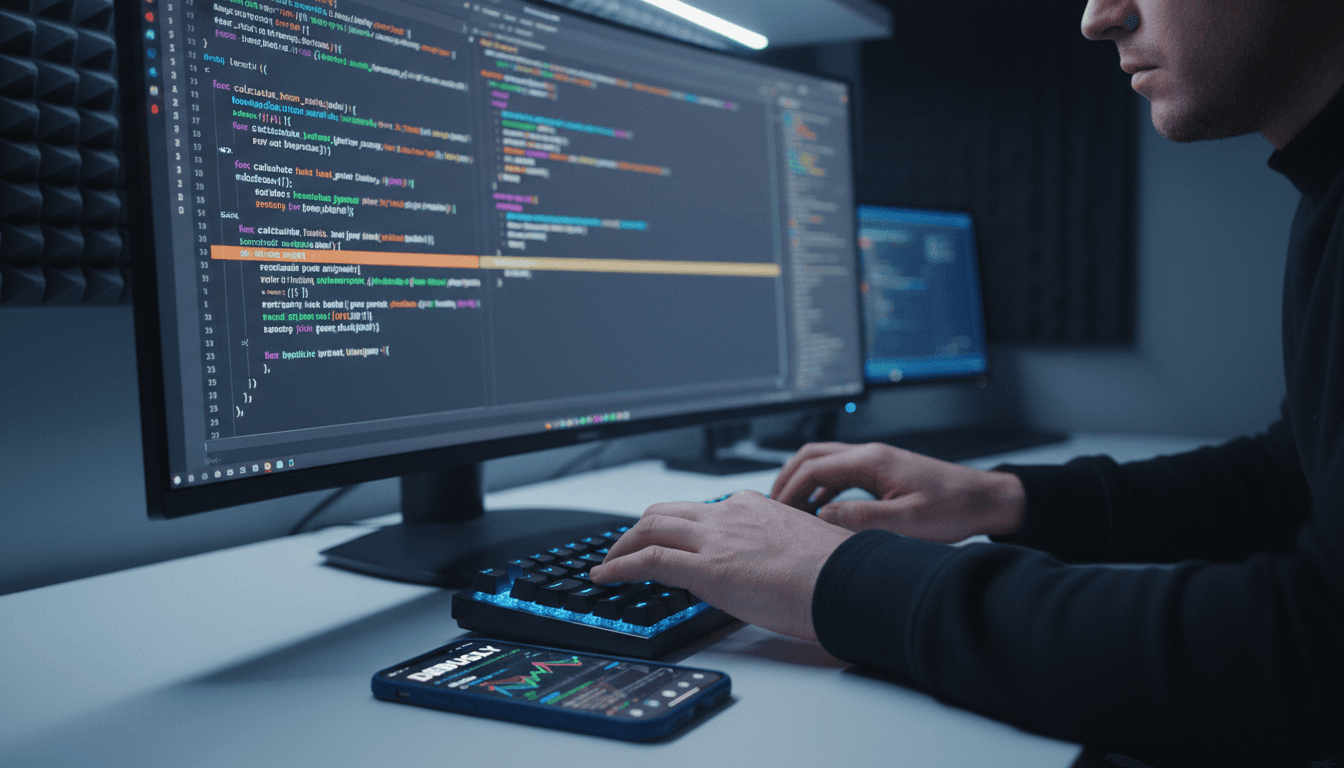 iOS developer working on iPhone app at desk with code visible on monitor