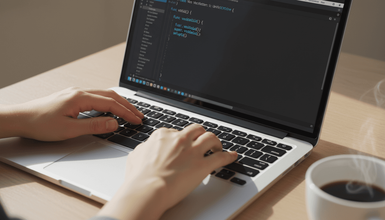 Developer hands typing iOS code on a MacBook