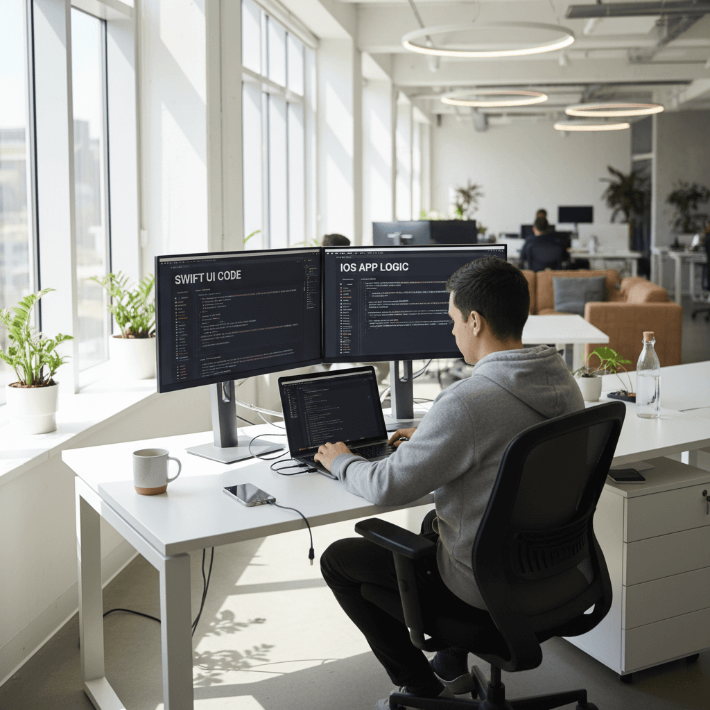 iOS developer debugging app code on multiple screens