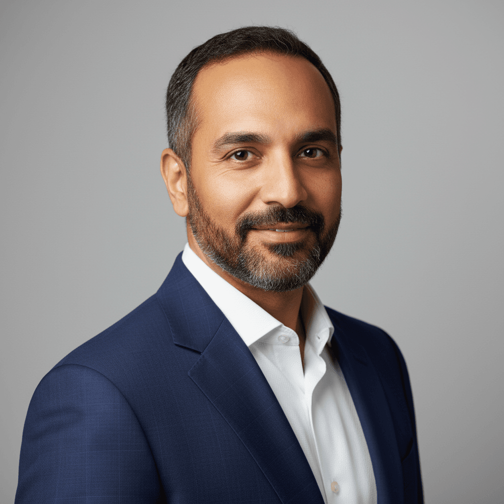 Professional headshot of confident male speaker in navy blazer against neutral background, suitable for speaker profile